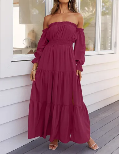 Vista 39 de ZESICA - Vestido largo, bohemio y sexy, con hombros descubiertos y manga larga fruncida, con elástico fruncido, cintura alta y abertura lateral