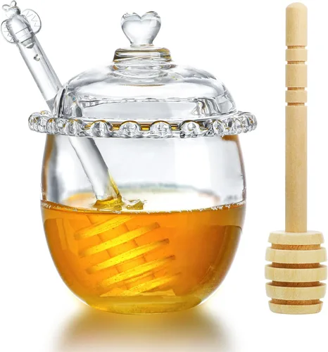 Vista 13 de kanpura Tarro de Miel con Cucharón y Tapa Frasco de Miel de Vidrio con Cucharón Boca Ancha Contenedores de Miel Herméticos Dispensador de Jarabe