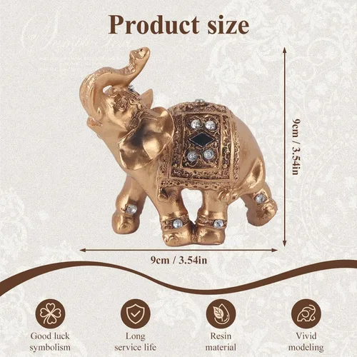 Vista 3 de Estatua de elefante, figura de elefante de la suerte de Feng Shui, escultura elegante dorada, decoración del hogar de resina pequeña, figura