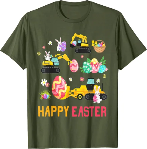Vista 6 de Kids Happy Easter Construction Crane Truck Boys Toddler T-Shirt Negro