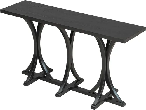 Vista 8 de Mesa de consola de madera de 152 cm con tapa de chapa de roble y patas curvadas delgadas de madera de goma, elegante mesa de sofá para sala