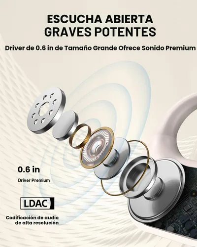 Vista 3 de Auriculares de oreja abierta, auriculares inalámbricos Bluetooth 5.3 con conducción de aire, ajuste cómodo y seguro, graves potentes, llamadas Beige