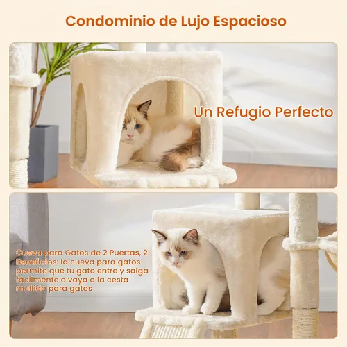 Vista 6 de Heybly - Árbol de gato con cepillo autolimpiante, torre de gato para interior con plataforma acolchada de felpa, casa de gato con cesta, poste