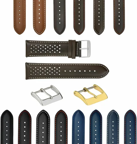 Vista 8 de Ewatchparts Correa de reloj de piel perforada de 18-19-20-21-22-0.906-0.945 in compatible con Rolex Quick Release Negro y dorado