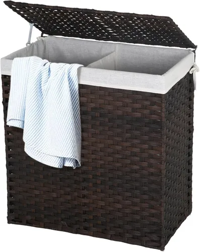 Vista 12 de Cesta de ropa con tapa, cesta de lavandería de 90 litros con tapa, cestas grandes para lavandería con 2 bolsas extraíbles con forro, cesta de Marrón