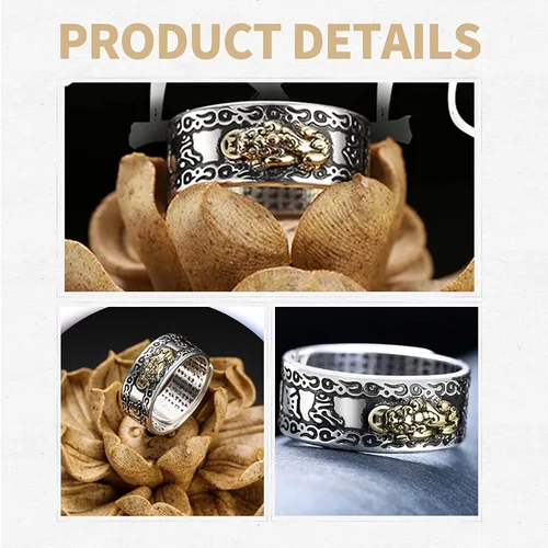 Vista 3 de PEKWASY 2 anillos de Feng Shui con mantra Pixiu, anillo ajustable de Feng Shui de La Buena Suerte para hombres y mujeres, anillo de amuleto budista