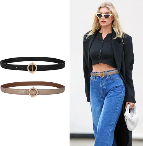 Vista 21 de Cinturón de cuero clásico con hebilla de metal para mujer con vestido de jeans