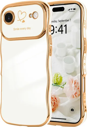 Vista 132 de LCHULLE - Funda para iPhone Air, linda para mujeres y niñas, con forma de onda, color azul bebé Luxury Plating Curly Wavy Frame with Love Heart