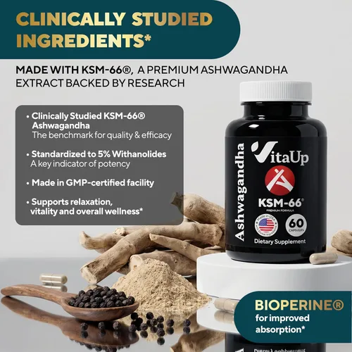 Vista 4 de VitaUp Ashwagandha KSM 66 con pimienta negra – Suplementos KSM-66 Ashwagandha fabricados en Estados Unidos para energía, relajación y función