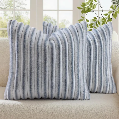 Vista 51 de decorUhome Fundas de almohada de piel sintética, juego de 2, decorativas, afelpadas, suaves, afelpadas, a rayas, parte posterior de terciopelo