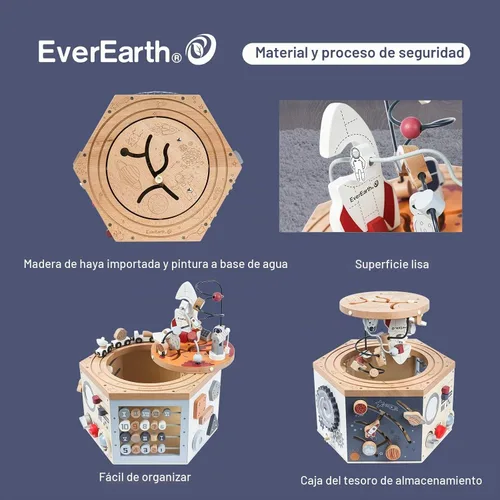 Vista 2 de EverEarth Cubo de actividades de madera con laberinto de cuentas, cubo de actividades espaciales para niños de 1 a 3 años, multijuego, aprendizaje