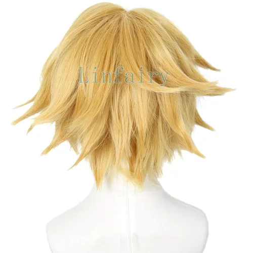 Vista 3 de Linfairy Peluca corta rubia para cosplay, disfraz de Halloween, peluca de gato para hombres Rubio