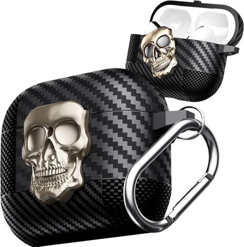 Vista 12 de Funda para AirPods Pro de 2ª generación, calavera con cerradura y llavero para hombres, divertida fibra de carbono de cuerpo completo, a prueba
