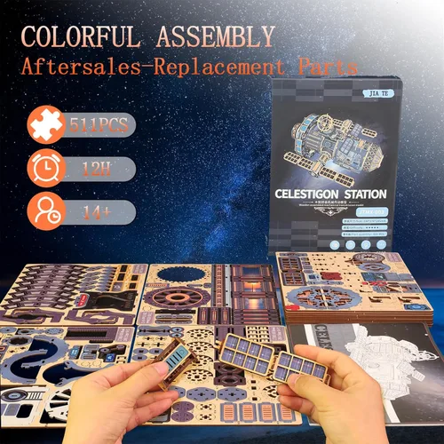 Vista 4 de Rompecabezas de madera 3D para adultos, kit de modelo mecánico de estación espacial con luces y música, 511 piezas de rompecabezas de madera