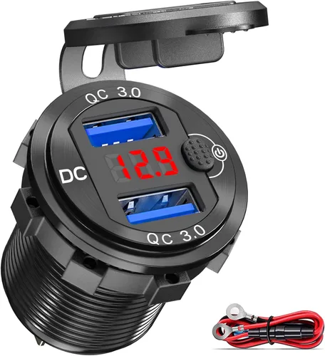 Vista 9 de Paquete de 2 salidas USB de 12 V, carga rápida dual 3.0, cargador de aluminio impermeable con voltímetro LED e interruptor de alimentación