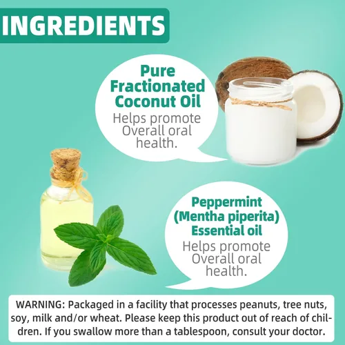 Vista 3 de Aceite de coco (8 onzas líquidas), aceite de menta para enjuague bucal, aceite de coco con raspador de lengua, aceite de coco natural para tirar