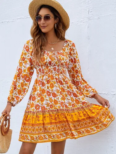 Vista 3 de FARORO Vestidos fruncidos para mujer manga farol bohemio floral volantes hombros descubiertos vestido corto acampanado