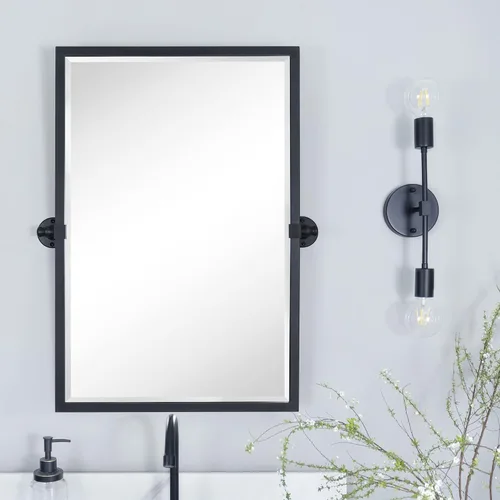 Vista 18 de Espejo rectangular de baño con marco de metal dorado cepillado, espejos de tocador biselados inclinables para pared, total 23.9 x 24 pulgadas