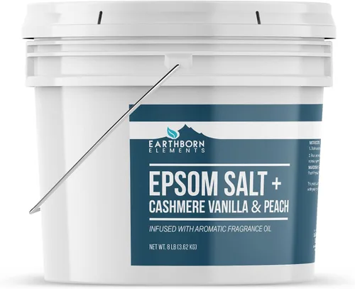Vista 2 de Earthborn Elements Sal de Epsom de vainilla y durazno de cachemira, 8 libras, cubo de un galón, pura y sin diluir, sal de remojo con fragancia