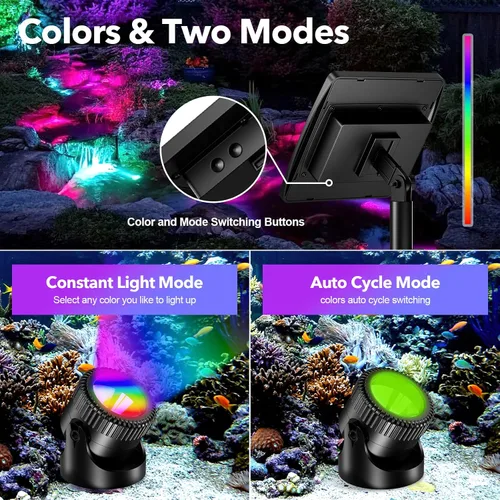 Vista 3 de Luces de Estanque Solares, Luces de Estanque RGB LED Impermeables IP68, Luz Solar Subacuática con Batería de 2200mAh con Dos Opciones de Modo