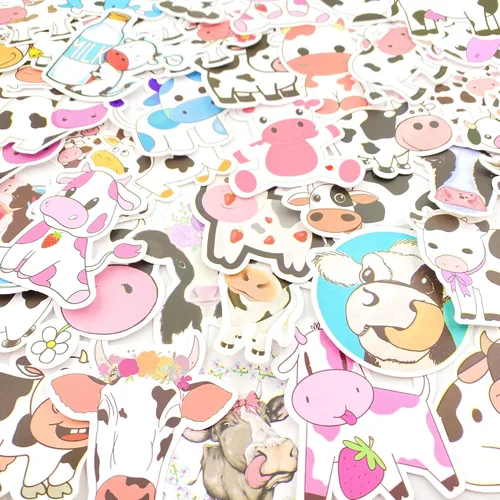 Vista 4 de Aowplc Paquete de 50 calcomanías de vaca, calcomanías de vinilo impermeables lindas de animales de dibujos animados para niños