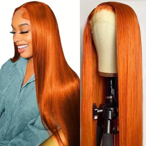 Vista 12 de PANDA ANGEL Peluca de encaje frontal de jengibre de cabello humano 13x4 lacio, naranja jengibre, frontal de encaje HD transparente sin pegamento