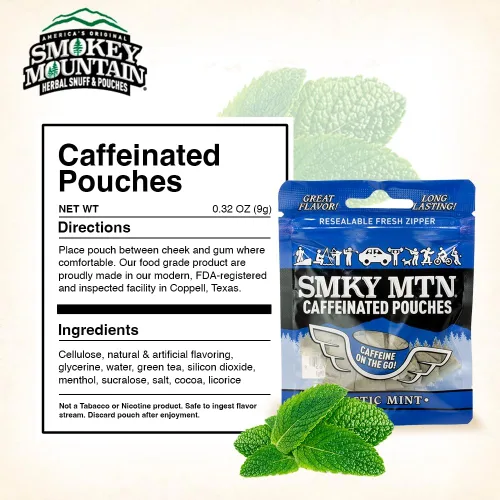 Vista 3 de SMOKEY MOUNTAIN Bolsas con cafeína, menta ártica, sin tabaco y sin nicotina, 15 bolsas por paquete, 5 paquetes
