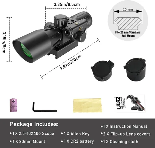 Vista 7 de UUQ Alcance de rifle de 2.5-10x40IR con punto mil-punto iluminado rojo con láser rojo, lente verde, botones mejorados, alcance táctico para rifles