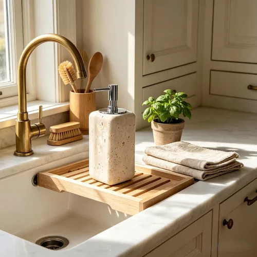 Vista 3 de Dispensador de jabón de travertino, accesorios de baño, dispensador de loción de piedra cuadrada orgánica natural prémium con bomba de metal