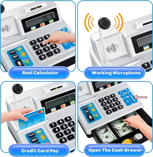 Vista 3 de Calculadora de caja registradora – Caja registradora de juguete de 103 piezas, juego de tienda con micrófono, tarjeta de crédito y banco para niños