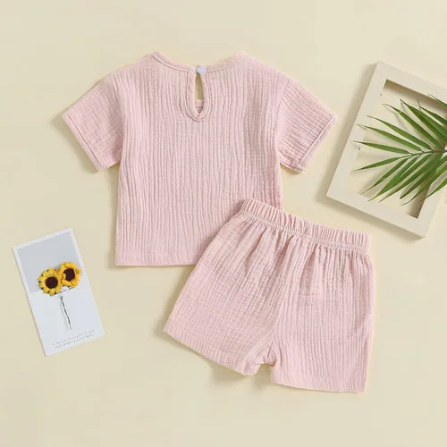 Vista 3 de Conjunto de ropa de verano de algodón y lino de manga corta para bebé niño y niña