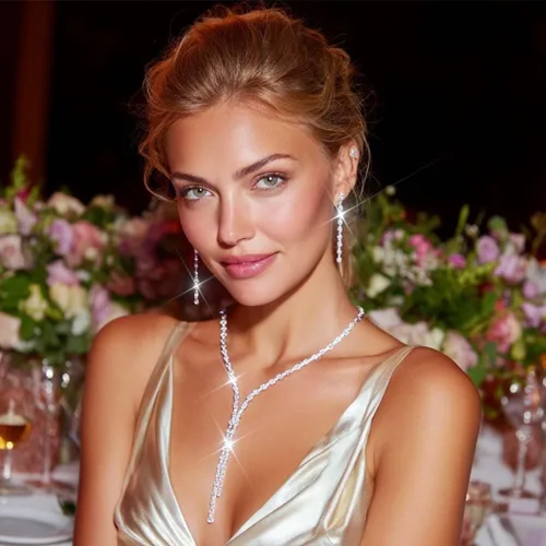Vista 2 de Unicra Conjuntos de joyas de plata para baile de graduación, collar y aretes de diamantes de imitación, joyería nupcial de boda para mujeres y novias