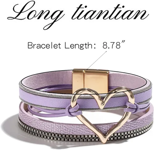 Vista 8 de Pulseras envolventes de cuero para mujer, pulseras negras, pulseras bohemias multicapa con cierre magnético, pulseras de corazón, joyas