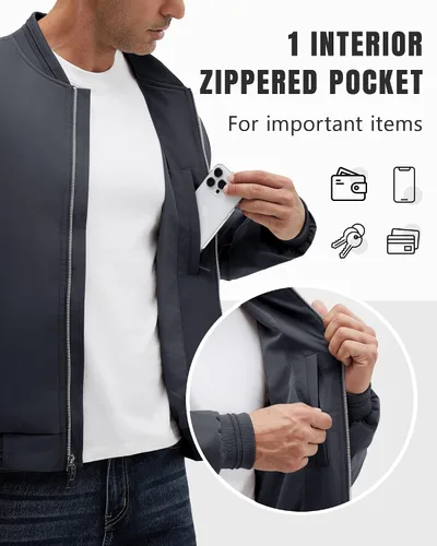 Vista 9 de Polu Chaquetas bomber para hombre con bolsillos, chaquetas cortavientos ligeras, cremallera de 2 vías, abrigo casual de negocios para otoño e