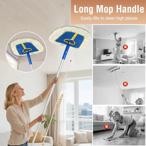 Vista 3 de SOBONNE - Trapeador de polvo comercial para limpieza de pisos de madera dura 2 Reusable Wedge Cotton Mop Pads/61" Long Handle Dry Mop Broom for