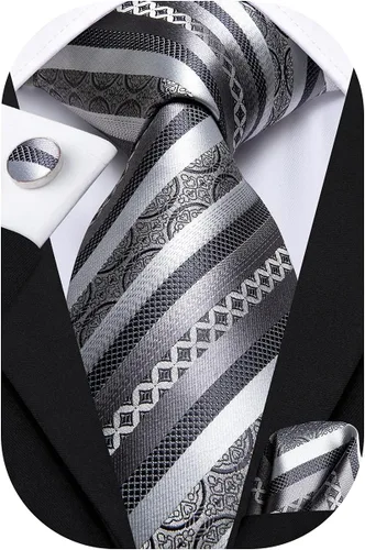 Vista 111 de Hi-Tie Corbatas de seda para hombre, diseño de cachemira a rayas, con bolsillo, gemelos cuadrados, conjunto formal de negocios