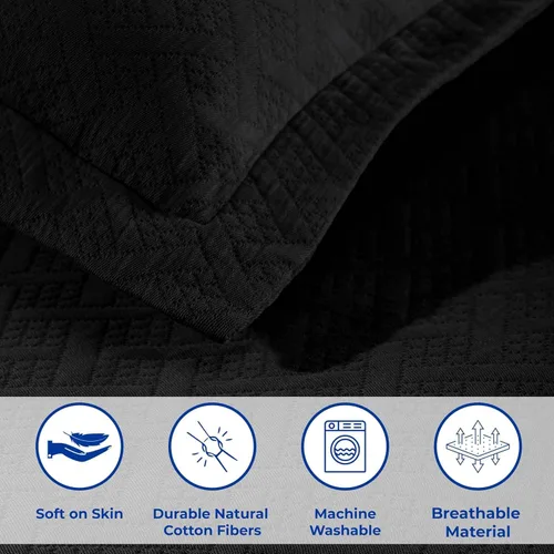 Vista 6 de Superior Colcha de Tejido de Cesta 100% Algodón con Fundas, Ropa de Cama Jacquard Matelassé de Algodón Premium para Todas las Estaciones, Cesta Negro