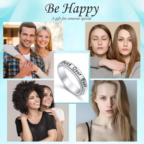 Vista 7 de Anillo de plata de ley 925 con texto en inglés God Jewelry grabado con texto en inglés Faith Over Fear Heart Cross, regalo religioso para mujeres