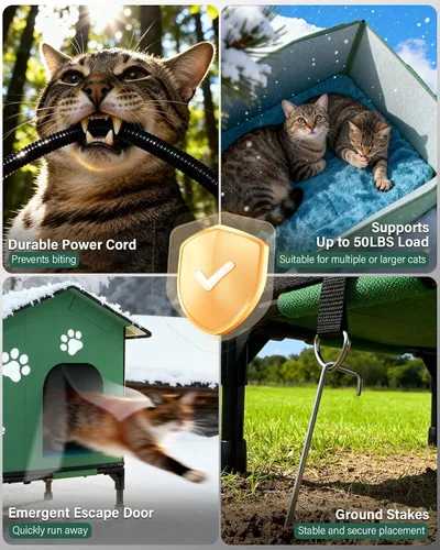 Vista 5 de Gran casa de gatos climatizada al aire libre para múltiples gatos, refugio con techo de aguja aislada y resistente a la intemperie
