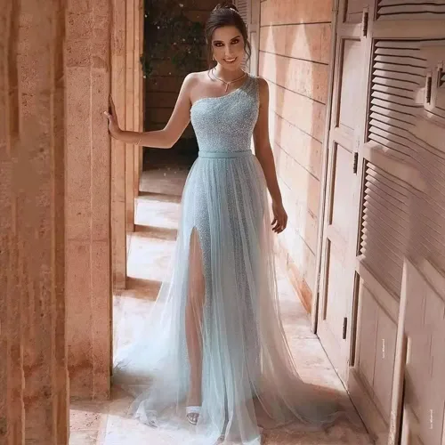 Vista 2 de Vestido de fiesta de noche con lentejuelas de un hombro para mujer, vestido de fiesta formal de tul brillante, vestido de noche de boda
