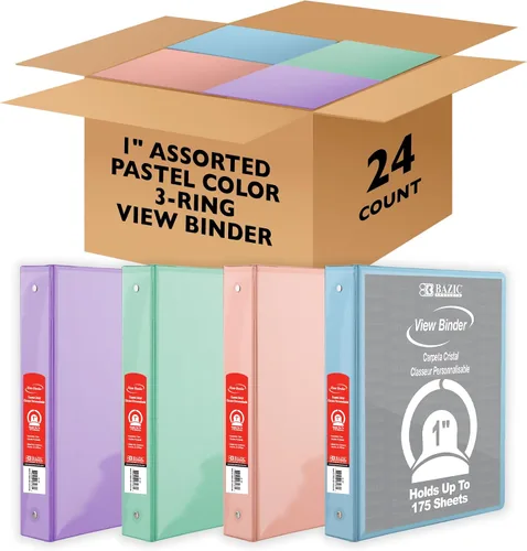 Vista 15 de BAZIC Products Carpeta de 3 anillos de color pastel de 1 pulgada con 2 bolsillos, para escuela, oficina, hogar, juego de 4