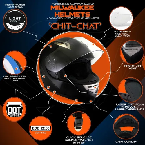 Vista 2 de Milwaukee Helmets H510 Casco de motocicleta de cara completa 'Chit-Chat' negro brillante con intercomunicador, altavoz y micrófono integrados