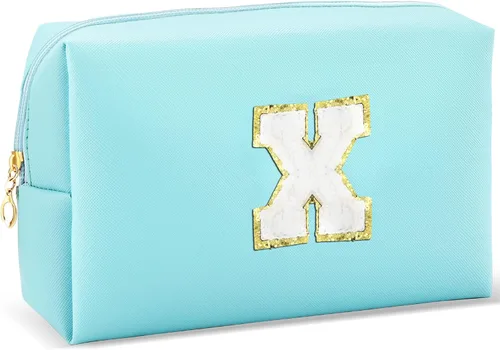 Vista 22 de URSKYTOUS Regalos para niñas, bolsa de maquillaje con inicial, bolsa de cosméticos personalizada con cremallera, bonita bolsa de aseo de viaje, Azul