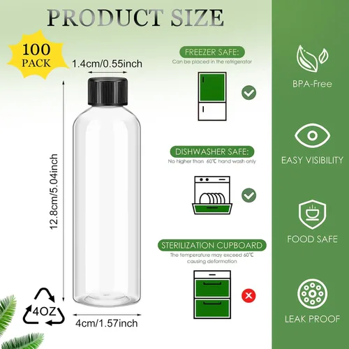 Vista 2 de Dandat 100 piezas Botellas de plástico para jugo con tapas, botellas de shot transparentes a granel, envases de bebidas reutilizables transparentes
