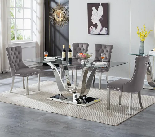 Vista 37 de SSLine Mesa de comedor de cristal dorado de 70 pulgadas para 4-6, base de Mesa de oro floral