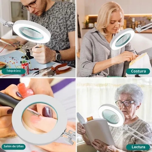 Vista 5 de Youkoyi - Lámpara LED de aumento con brazo basculante metálico - 10 niveles de brillo, 3 modos de color, aumento de 5X, lente de vidrio de 4.1