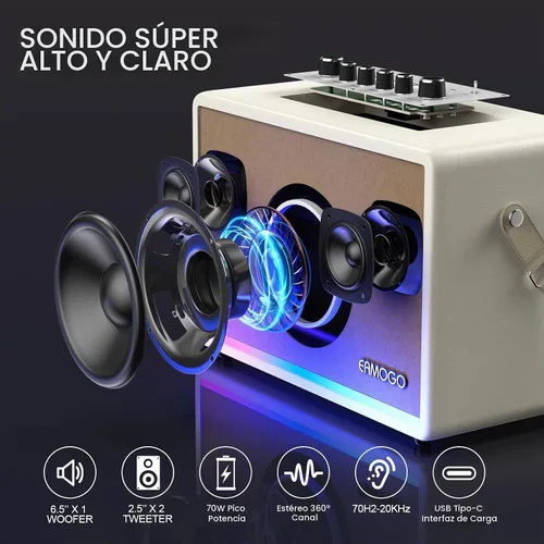 Vista 2 de Altavoz Bluetooth portátil con 2 micrófonos inalámbricos Armario de madera de abedul de graves profundos de 70 W Sistema PA Bluetooth