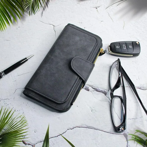 Vista 4 de boshiho Cartera de cuero plegable para tarjetas de crédito cartera delgada con ventana de identificación cartera para tarjetas de crédito