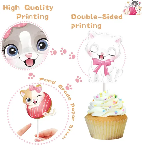 Vista 3 de 24 adornos para cupcakes de gato, miau, gatito, decoración de fiesta, lindos adornos para cupcakes de gatos de dibujos animados para gatitos, baby