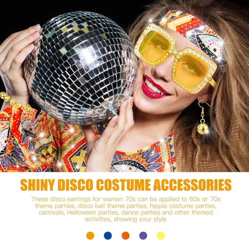 Vista 6 de 6 Pcs 70s Disco Costume Women Disco Costume Outfit, 70s Dance Dress Headband Disco Ball Earrings Necklace Bracelet Sunglasses
